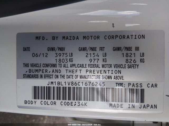 Aukcja sprzedaży 2012 Mazda Mazda3, vin: JM1BL1V86C1676245, numer aukcji: 44861788