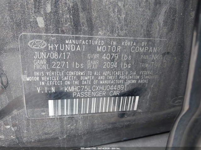 2017 Hyundai Ioniq Hybrid Sel მანქანა იყიდება აუქციონზე, vin: KMHC75LCXHU044891, აუქციონის ნომერი: 44861795