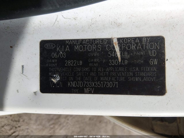 44861807 :رقم المزاد ، KNDJD733X35173071 vin ، 2003 Kia Sorento Ex/lx مزاد بيع