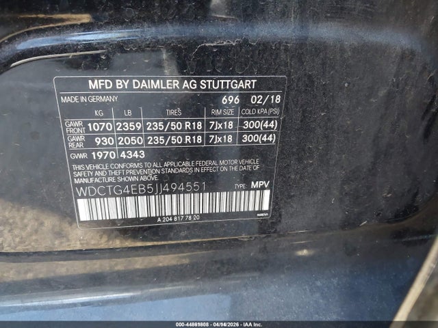 WDCTG4EB5JJ494551 Mercedes-Benz GLA 250