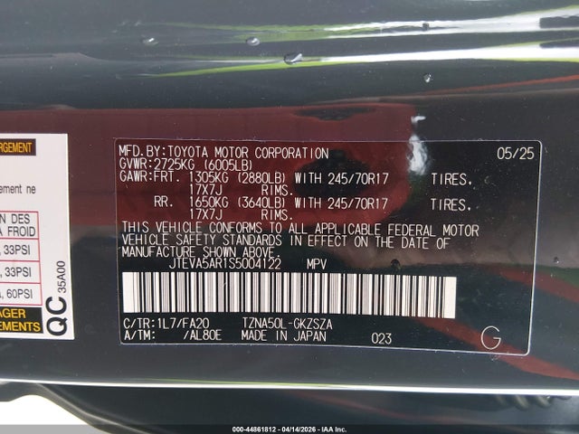 Aukcja sprzedaży 2025 Toyota 4runner Sr5, vin: JTEVA5AR1S5004122, numer aukcji: 44861812