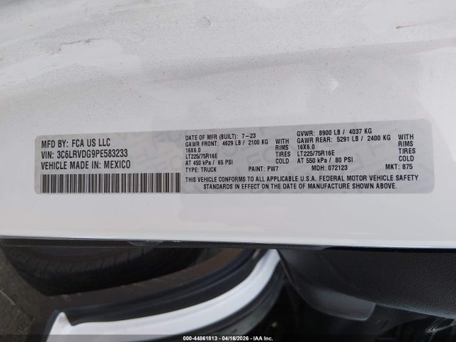 44861813 :رقم المزاد ، 3C6LRVDG9PE583233 vin ، 2023 Ram Promaster 2500 High Roof 159 Wb مزاد بيع