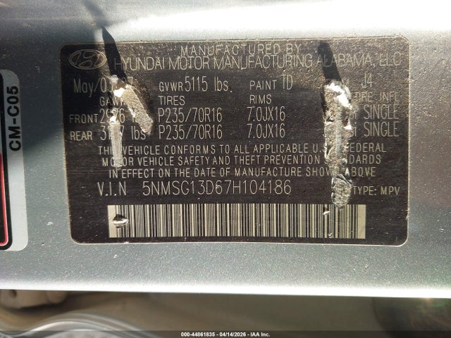 44861835 :رقم المزاد ، 5NMSG13D67H104186 vin ، 2007 Hyundai Santa Fe Gls مزاد بيع