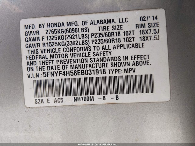 Aukcja sprzedaży 2014 Honda Pilot Ex-l, vin: 5FNYF4H58EB031918, numer aukcji: 44861836