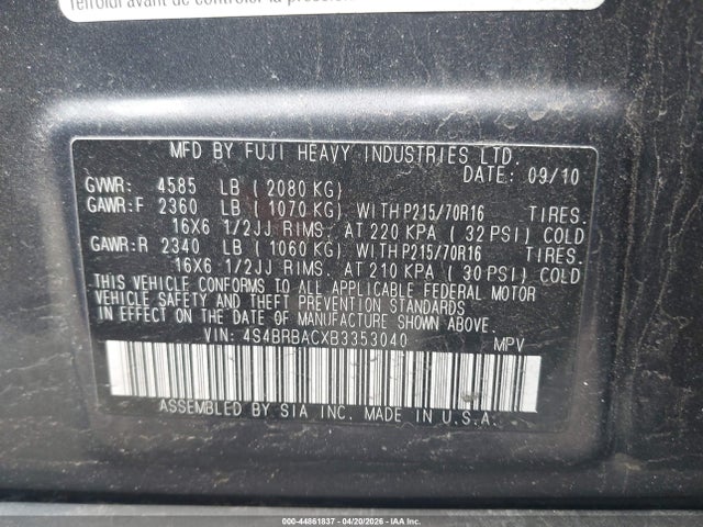 44861837 :رقم المزاد ، 4S4BRBACXB3353040 vin ، 2011 Subaru Outback 2.5i مزاد بيع
