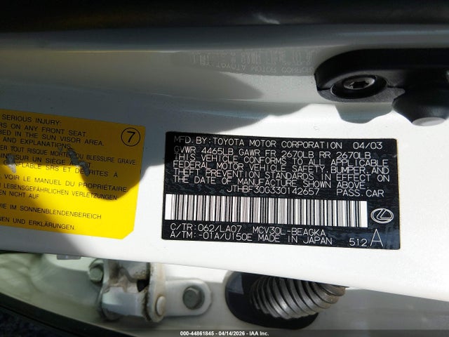44861845 :رقم المزاد ، JTHBF30G330142657 vin ، 2003 Lexus Es 300 مزاد بيع