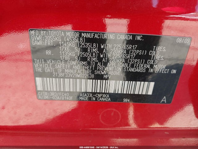 Продажа на аукционе авто 2009 Toyota Rav4, vin: 2T3BF33V29W022638, номер лота: 44861848