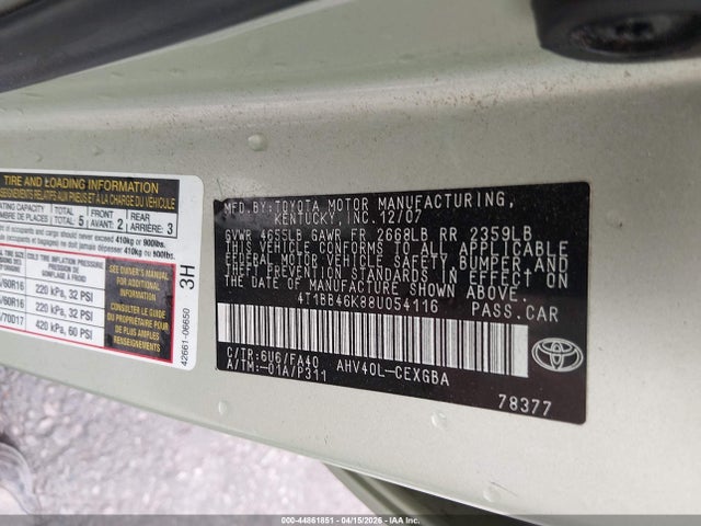 44861851 :رقم المزاد ، 4T1BB46K88U054116 vin ، 2008 Toyota Camry Hybrid مزاد بيع