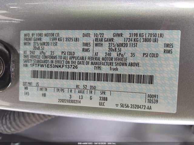 Aukcja sprzedaży 2022 Ford F-150 Lariat, vin: 1FTFW1E53NKF13726, numer aukcji: 44861853