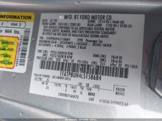 Продаж на аукціоні авто 2020 Ford Mustang Ecoboost, vin: 1FATP8UH4L5158684, номер лоту: 44861873