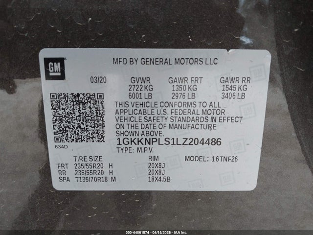 Продажа на аукционе авто 2020 Gmc Acadia Fwd Denali, vin: 1GKKNPLS1LZ204486, номер лота: 44861874