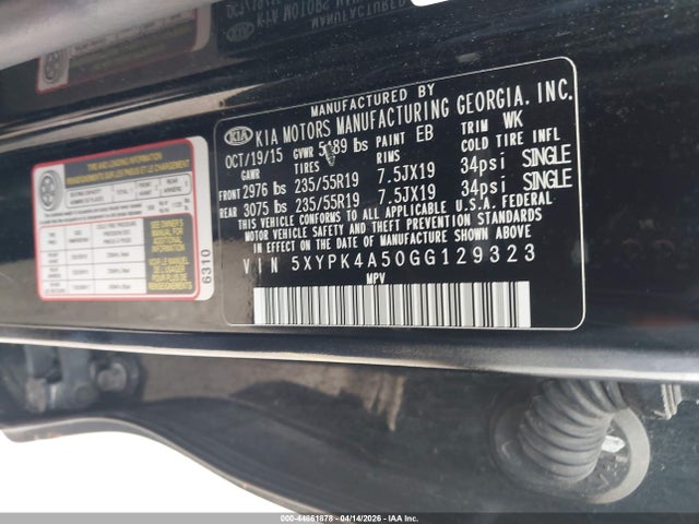 Aukcja sprzedaży 2016 Kia Sorento 3.3l Sxl, vin: 5XYPK4A50GG129323, numer aukcji: 44861878