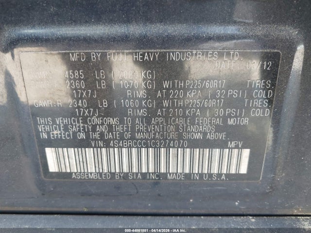 Aukcja sprzedaży 2012 Subaru Outback 2.5i Premium, vin: 4S4BRCCC1C3274070, numer aukcji: 44861881