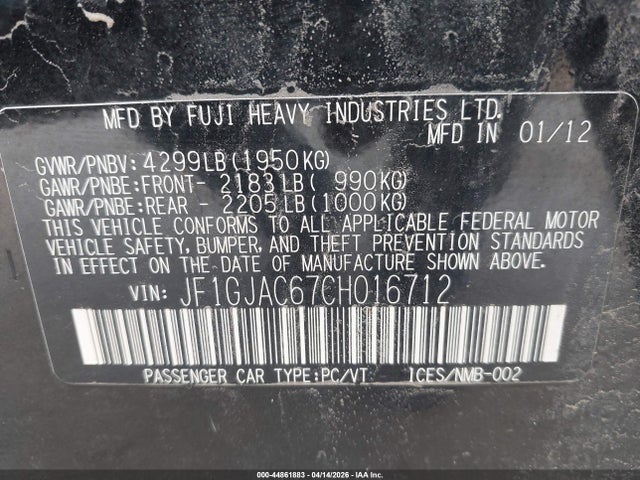 Продажа на аукционе авто 2012 Subaru Impreza 2.0i Premium, vin: JF1GJAC67CH016712, номер лота: 44861883