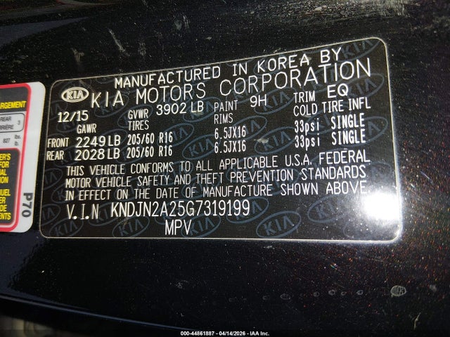 44861887 :رقم المزاد ، KNDJN2A25G7319199 vin ، 2016 Kia Soul مزاد بيع