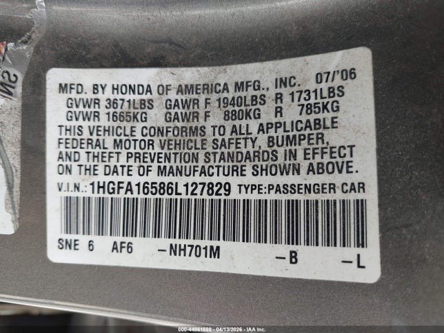 2006 Honda Civic Lx მანქანა იყიდება აუქციონზე, vin: 1HGFA16586L127829, აუქციონის ნომერი: 44861888