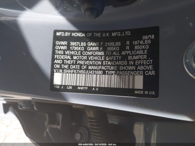 Aukcja sprzedaży 2018 Honda Civic Ex, vin: SHHFK7H50JU431680, numer aukcji: 44861894