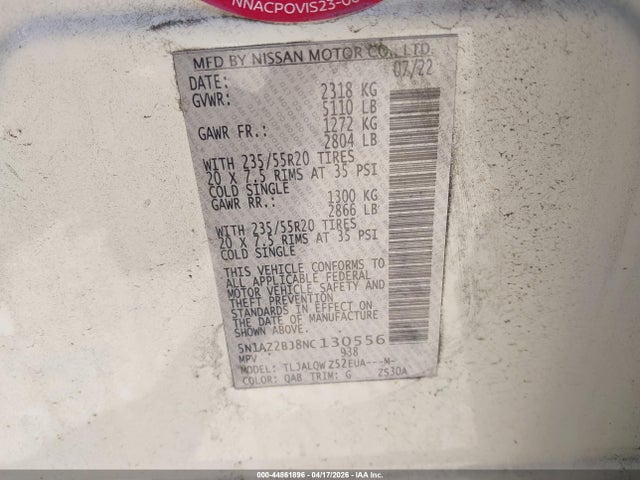 44861896 :رقم المزاد ، 5N1AZ2BJ8NC130556 vin ، 2022 Nissan Murano Sv Fwd مزاد بيع