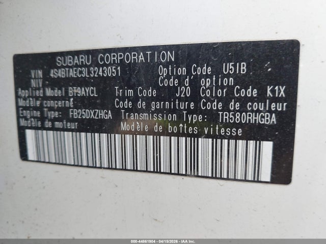 44861904 :رقم المزاد ، 4S4BTAEC3L3243051 vin ، 2020 Subaru Outback Premium مزاد بيع