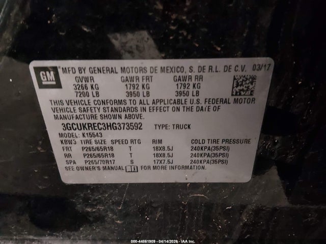 Aukcja sprzedaży 2017 Chevrolet Silverado 1500 1lt, vin: 3GCUKREC3HG373592, numer aukcji: 44861909