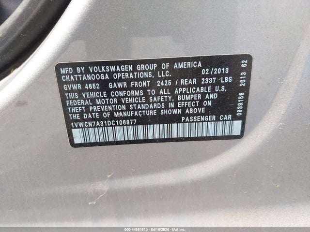 2013 Volkswagen Passat 2.0l Tdi Sel Premium მანქანა იყიდება აუქციონზე, vin: 1VWCN7A31DC106877, აუქციონის ნომერი: 44861910