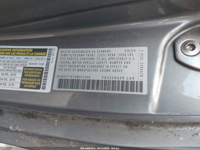 44861914 :رقم المزاد ، WVWEV71K39W027008 vin ، 2009 Volkswagen Gti 2-door مزاد بيع