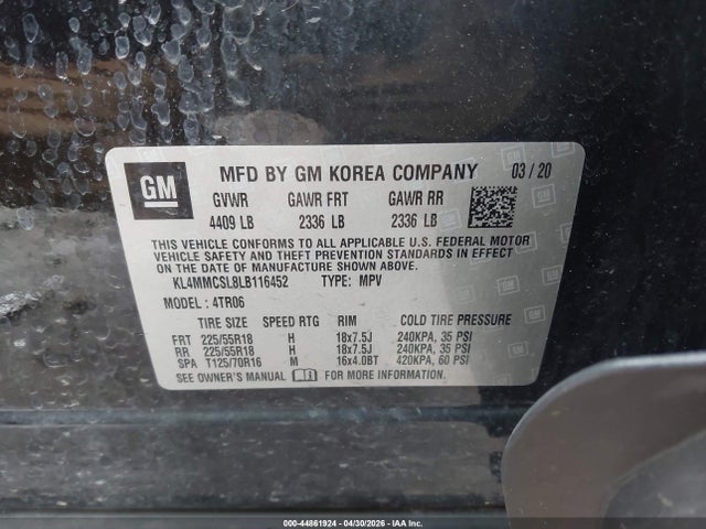 44861924 :رقم المزاد ، KL4MMCSL8LB116452 vin ، 2020 Buick Encore Gx Awd Preferred مزاد بيع