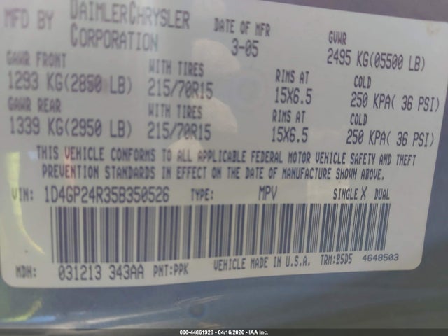 Продажа на аукционе авто 2005 Dodge Grand Caravan Se, vin: 1D4GP24R35B350526, номер лота: 44861928