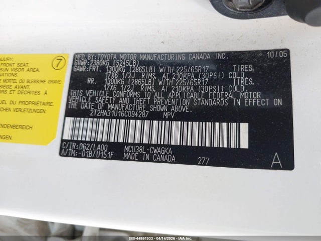 44861933 :رقم المزاد ، 2T2HA31U16C094287 vin ، 2006 Lexus Rx 330 مزاد بيع