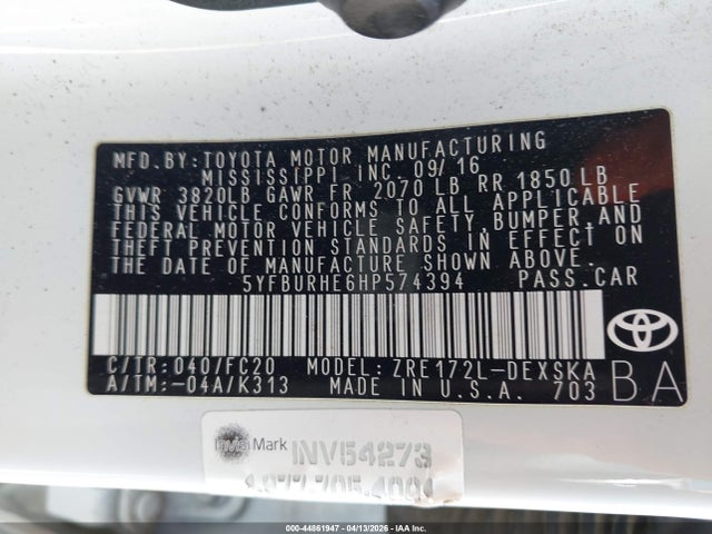 Продажа на аукционе авто 2017 Toyota Corolla Se, vin: 5YFBURHE6HP574394, номер лота: 44861947