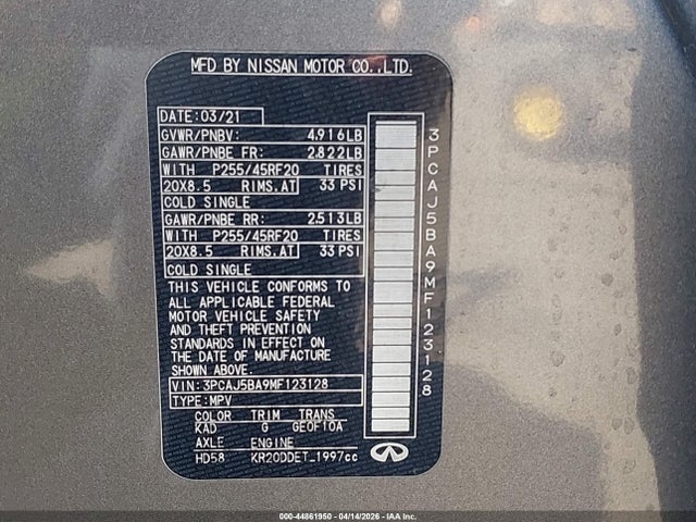 44861950 :رقم المزاد ، 3PCAJ5BA9MF123128 vin ، 2021 Infiniti Qx50 Luxe مزاد بيع