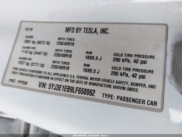 44861953 :رقم المزاد ، 5YJ3E1EB9LF650062 vin ، 2020 Tesla Model 3 Long Range Dual Motor All-wheel Drive مزاد بيع