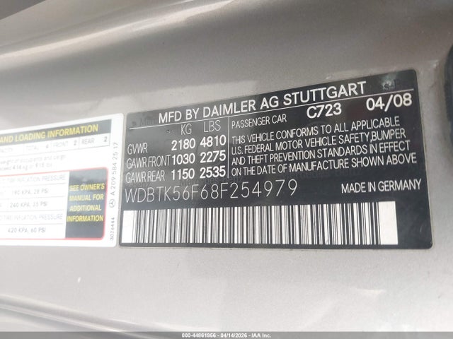 44861956 :رقم المزاد ، WDBTK56F68F254979 vin ، 2008 Mercedes-benz Clk 350 مزاد بيع
