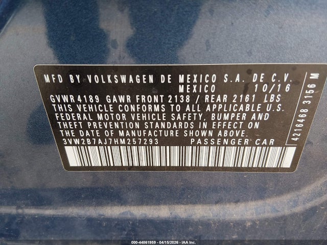 Продажа на аукционе авто 2017 Volkswagen Jetta 1.4t S, vin: 3VW2B7AJ7HM257293, номер лота: 44861959