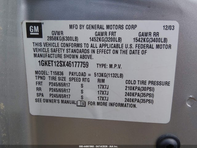 2004 Gmc Envoy Xuv Sle მანქანა იყიდება აუქციონზე, vin: 1GKET12SX46177759, აუქციონის ნომერი: 44861960