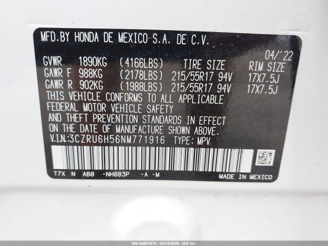 44861970 :رقم المزاد ، 3CZRU6H56NM771916 vin ، 2022 Honda Hr-v Awd Ex مزاد بيع