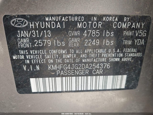 Продаж на аукціоні авто 2013 Hyundai Azera, vin: KMHFG4JG2DA254376, номер лоту: 44861993
