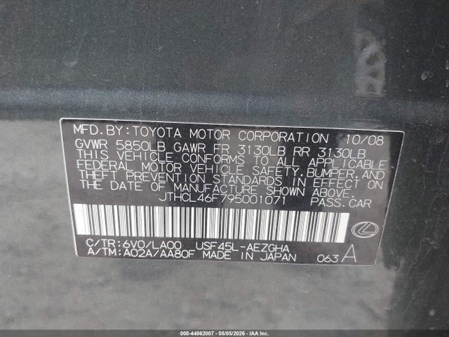 44862007 :رقم المزاد ، JTHCL46F795001071 vin ، 2009 Lexus Ls 460 مزاد بيع