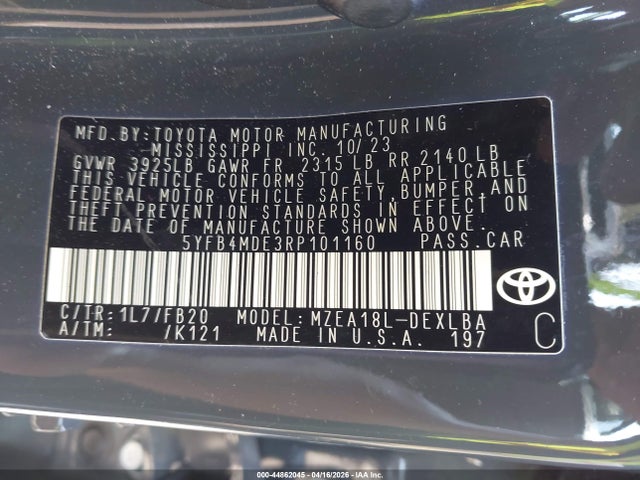 Продаж на аукціоні авто 2024 Toyota Corolla Le, vin: 5YFB4MDE3RP101160, номер лоту: 44862045