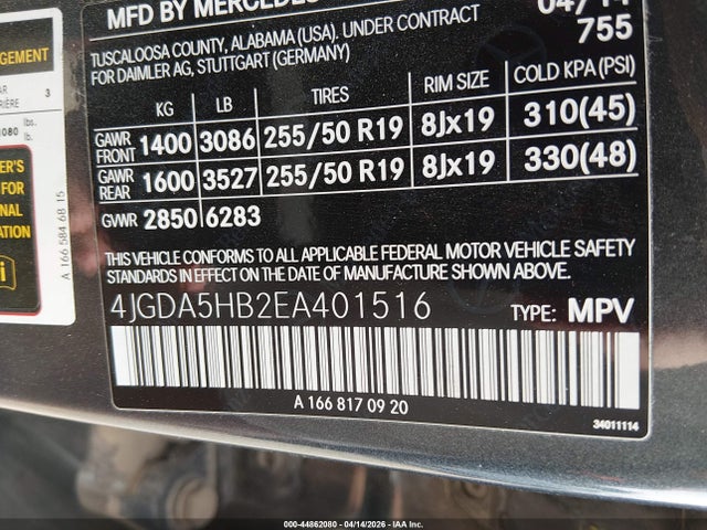 4JGDA5HB2EA401516 Mercedes-Benz Ml 350 4matic