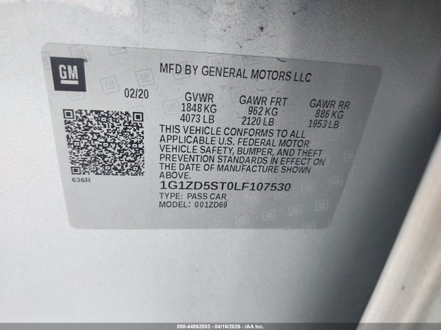 Продаж на аукціоні авто 2020 Chevrolet Malibu Fwd Lt, vin: 1G1ZD5ST0LF107530, номер лоту: 44862083