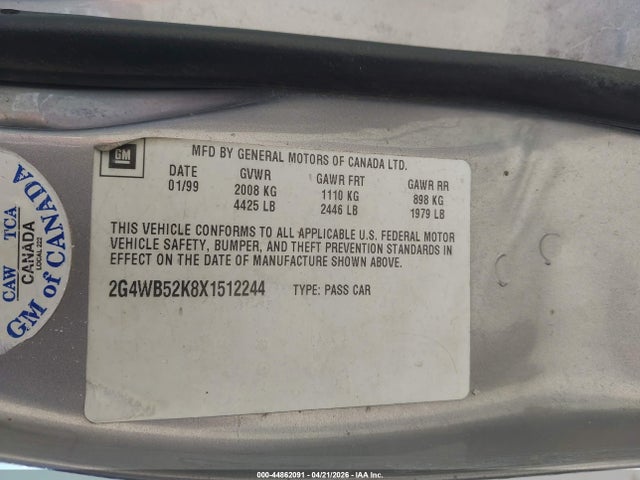 44862091 :رقم المزاد ، 2G4WB52K8X1512244 vin ، 1999 Buick Regal Ls مزاد بيع