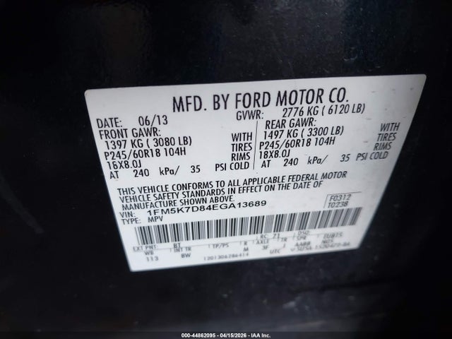 1FM5K7D84EGA13689 Ford EXPLORER XLT