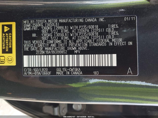 44862107 :رقم المزاد ، 2T2BK1BA1BC099852 vin ، 2011 Lexus Rx 350 مزاد بيع