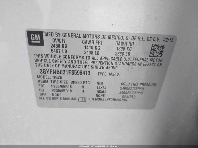 Продаж на аукціоні авто 2015 Cadillac Srx Luxury Collection, vin: 3GYFNBE31FS598413, номер лоту: 44862113