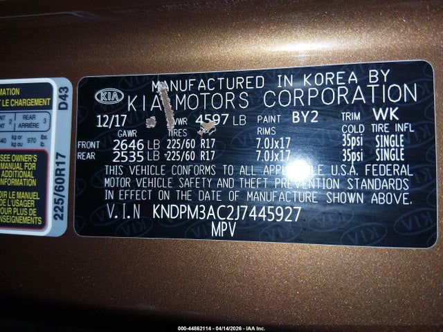 Aukcja sprzedaży 2018 Kia Sportage Lx, vin: KNDPM3AC2J7445927, numer aukcji: 44862114