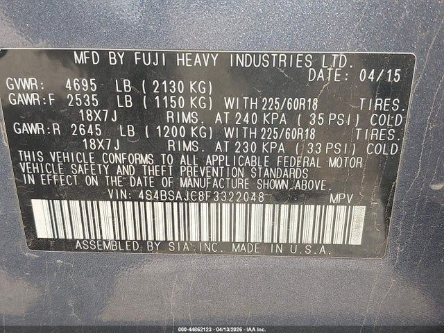 44862123 :رقم المزاد ، 4S4BSAJC8F3322048 vin ، 2015 Subaru Outback 2.5i Limited مزاد بيع