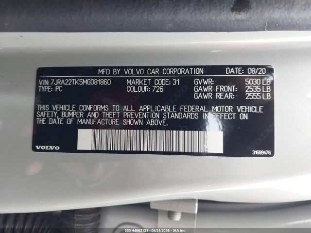 7JRA22TK5MG081860 Volvo S60 T6 Momentum