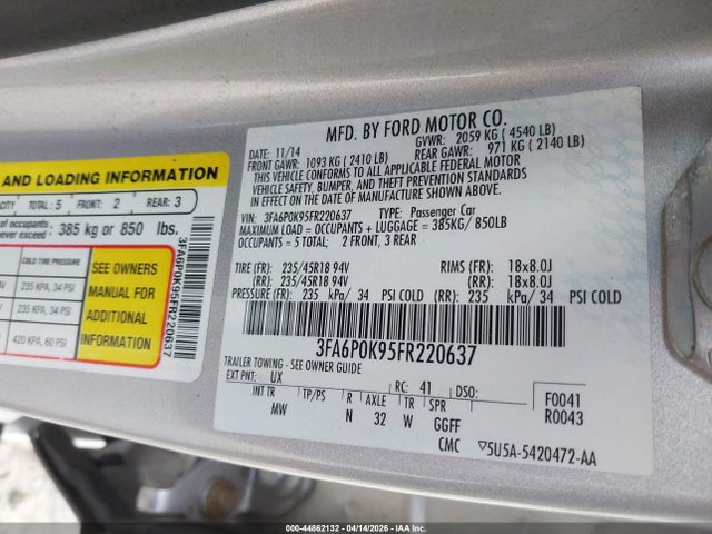 2015 Ford Fusion Titanium მანქანა იყიდება აუქციონზე, vin: 3FA6P0K95FR220637, აუქციონის ნომერი: 44862132
