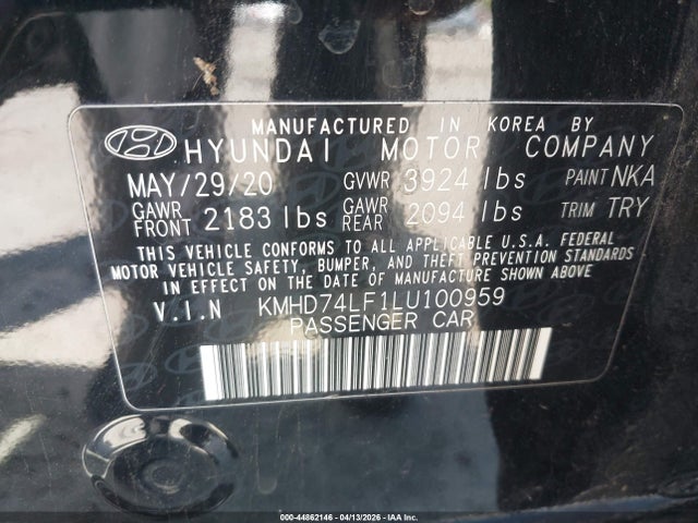 2020 Hyundai Elantra Se მანქანა იყიდება აუქციონზე, vin: KMHD74LF1LU100959, აუქციონის ნომერი: 44862146